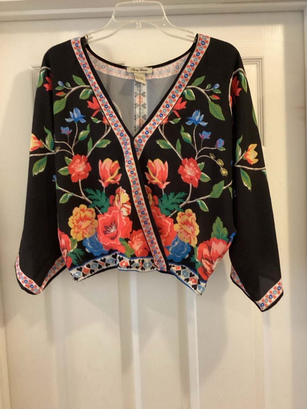 Flying Tomato Floral Kimono Sleeve Faux Wrap Crop Blouse